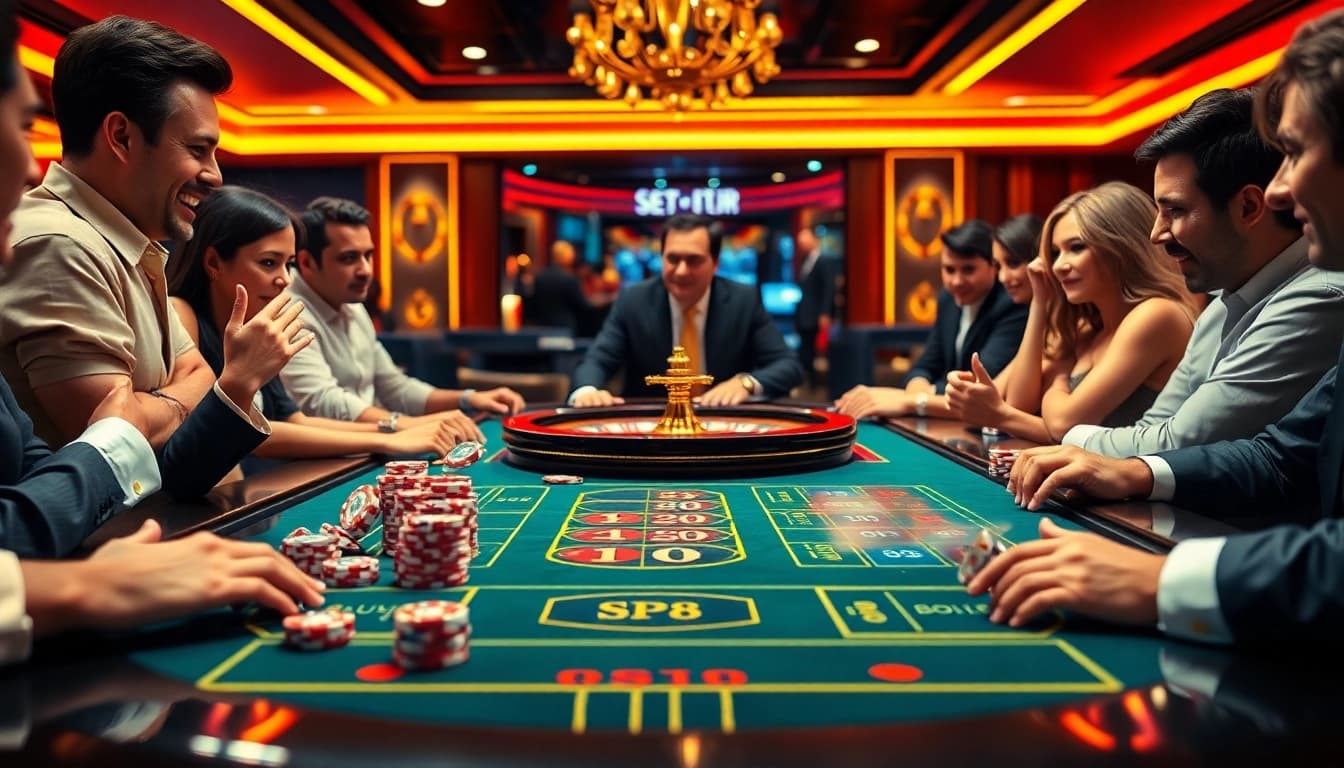 Excited players engaging with the SP8 casino table in a vibrant gambling atmosphere.