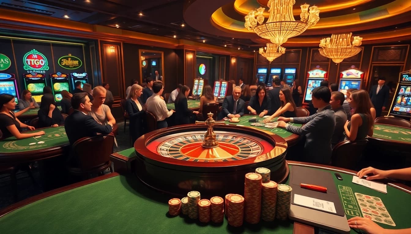 Experience thrilling gameplay at TG88 casino showcasing poker tables and vibrant slot machines.
