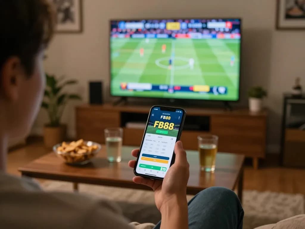 Engaging user placing bets on sports through FB88 app at home, showcasing excitement and convenience
