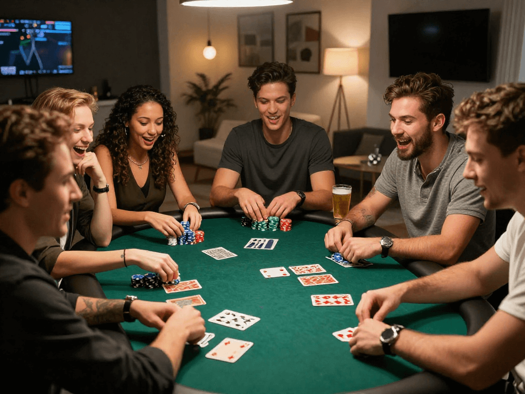 KOMBET168 poker night scene with friends enjoying an exciting game.