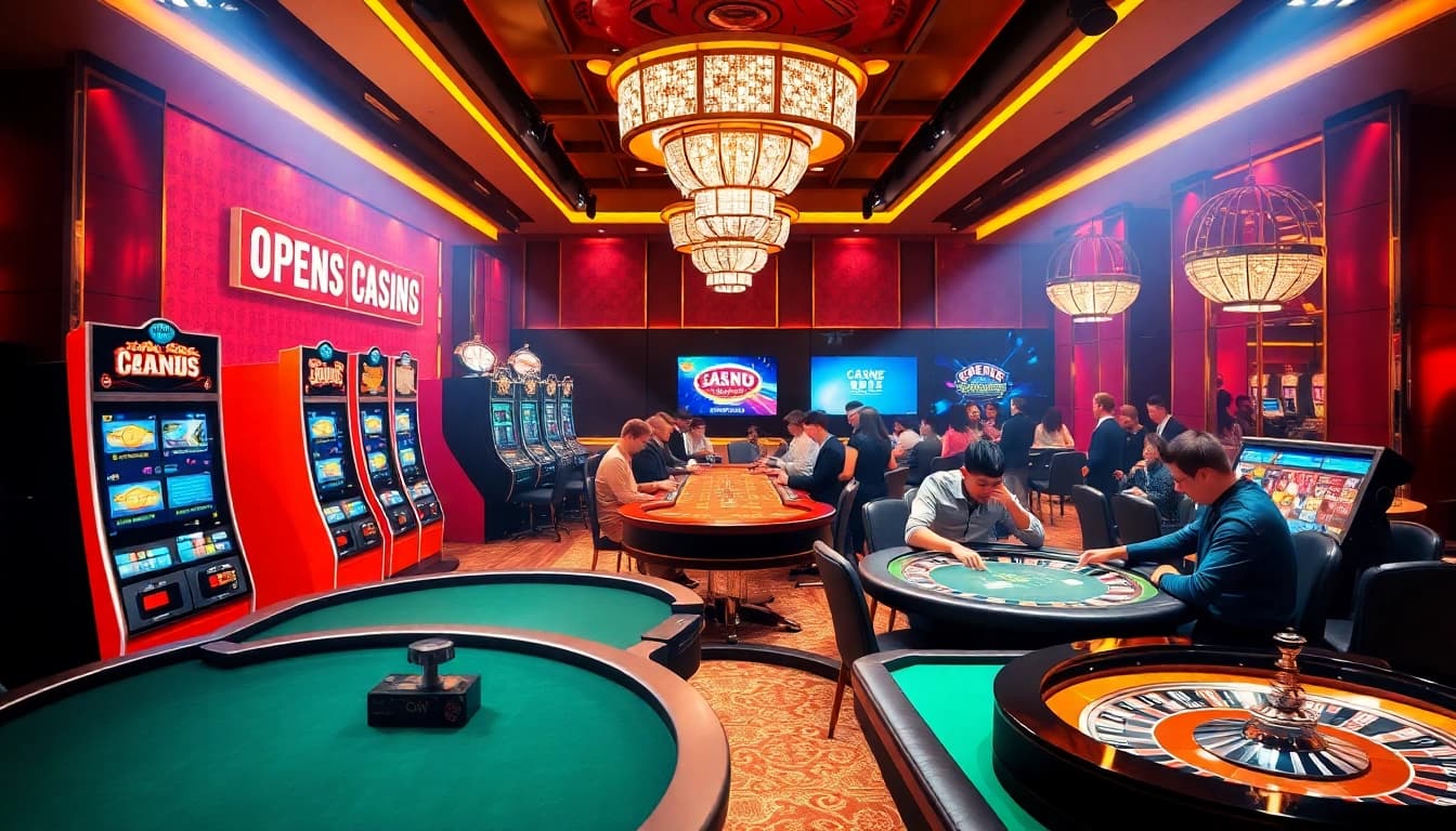 Experience the thrill of gambling at open88, with vibrant casino tables and excited players.