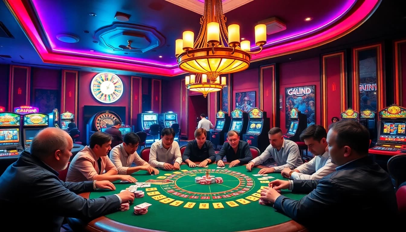 Players immersed in an exhilarating casino experience at 888VND, showcasing luxury and excitement.