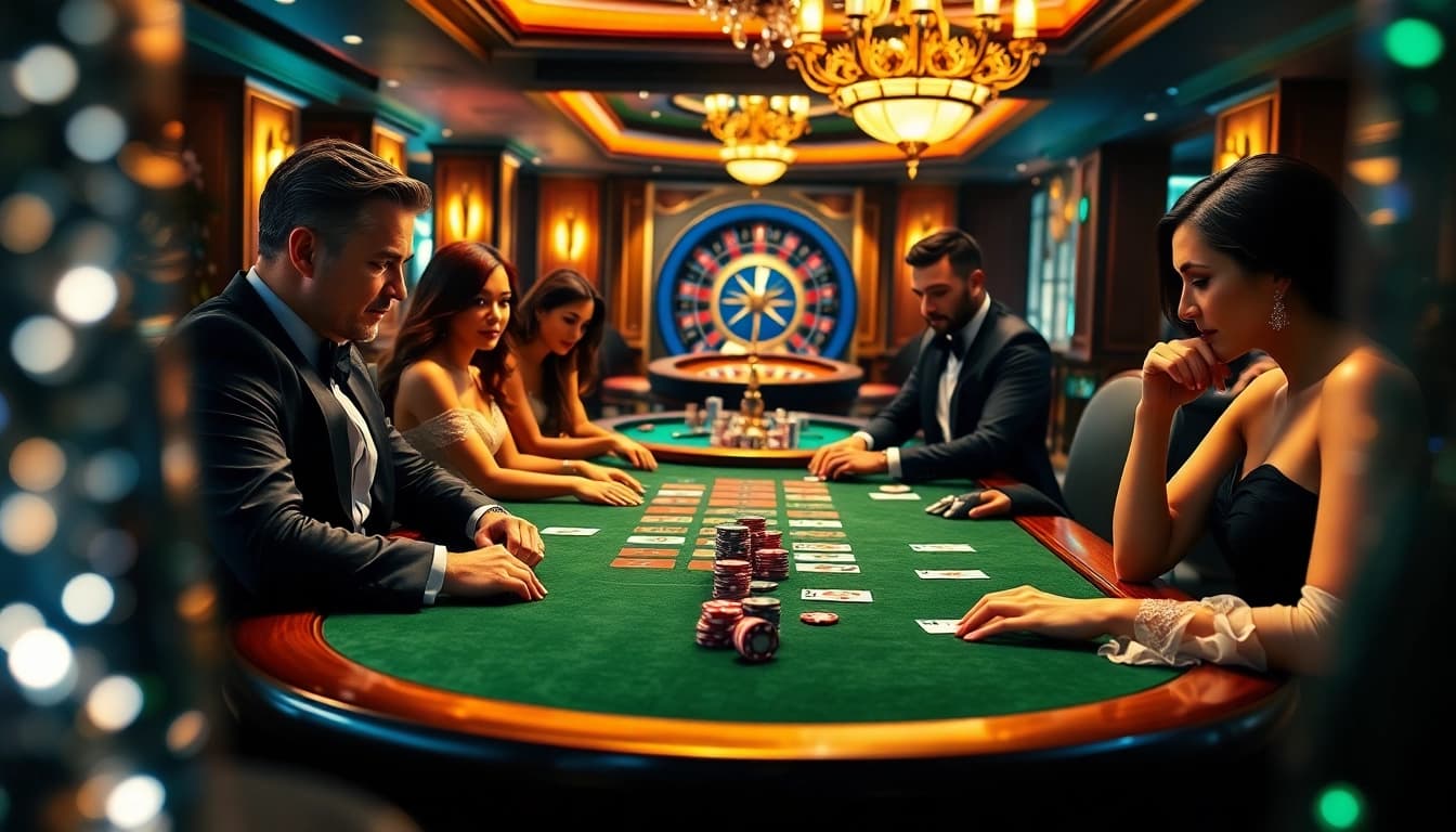 Dynamic poker action at https://da88.navy/ casino showcasing chips and cards in an elegant atmosphere.