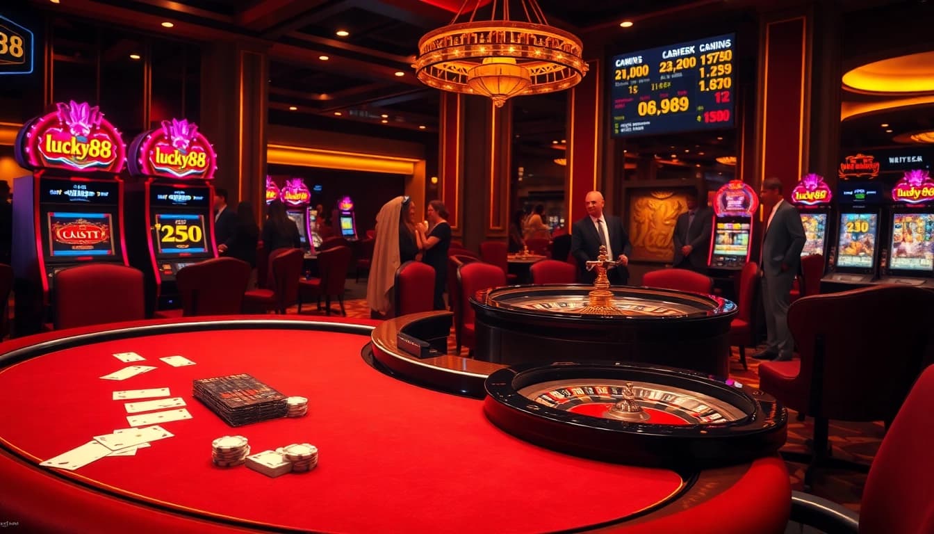 Engaged players at the lucky88 poker table, showcasing vibrant games and thrilling betting action.