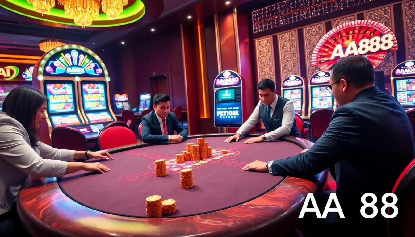 Players enjoy an exciting poker game at AA88 casino, showcasing rich textures and vibrant lights.