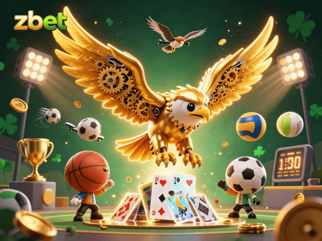 Zbet players strategize to win with a vibrant 3D depiction of a golden eagle surrounded by holographic cards and sports elements.
