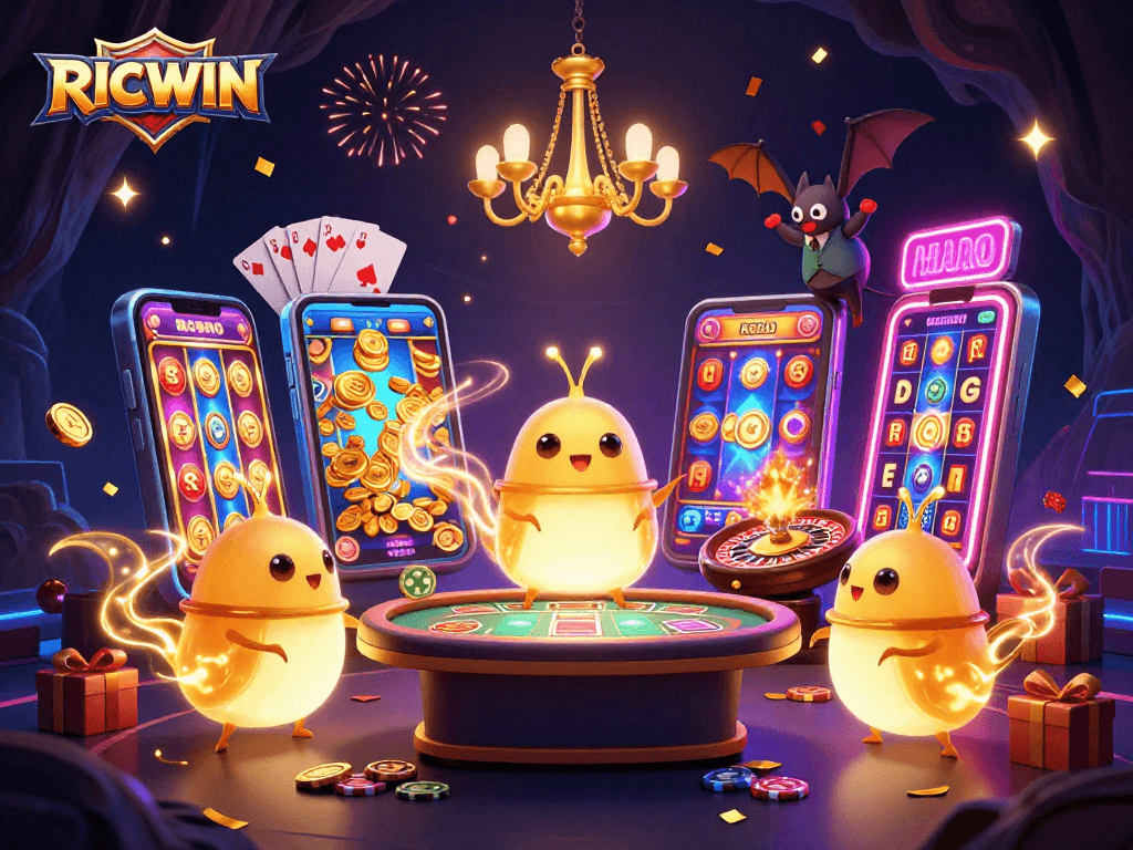 Win big with RICWIN in this vibrant, captivating casino scene featuring glowworms and exciting games.