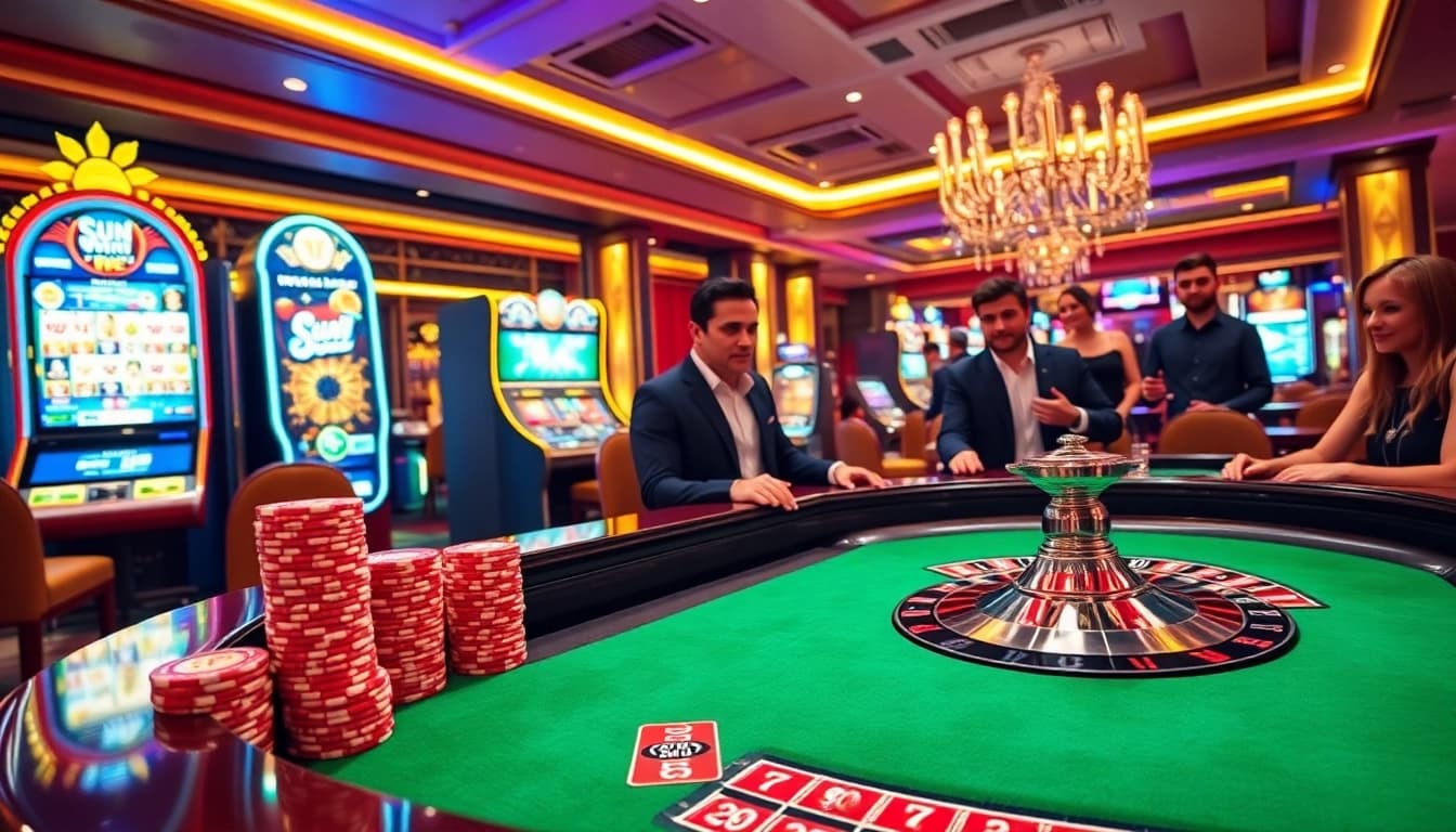 Experience the excitement of sun win gaming with a bustling casino scene filled with joyful gamblers.