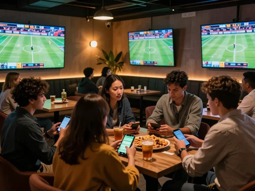 Fans passionately discussing keo nha cai and placing bets while watching live sports in a vibrant lounge atmosphere.