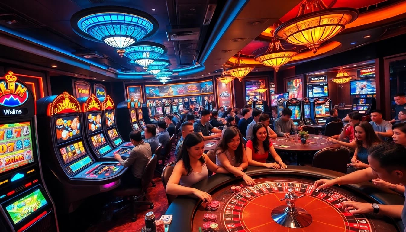 W188 players excitedly engage with vibrant casino games in a sophisticated setting.