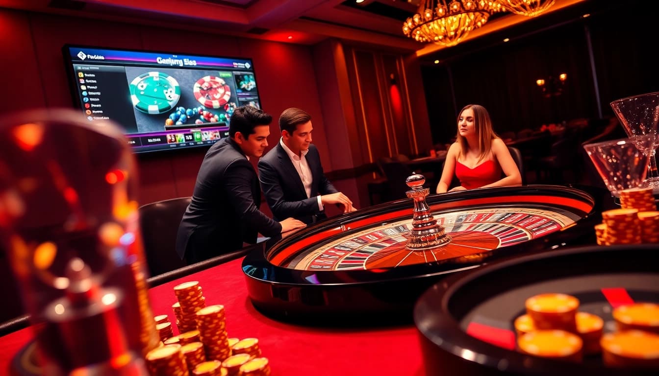 Engaging players at a luxurious casino table featuring poker chips and roulette, showcasing the excitement found at https://f8bet.io/.