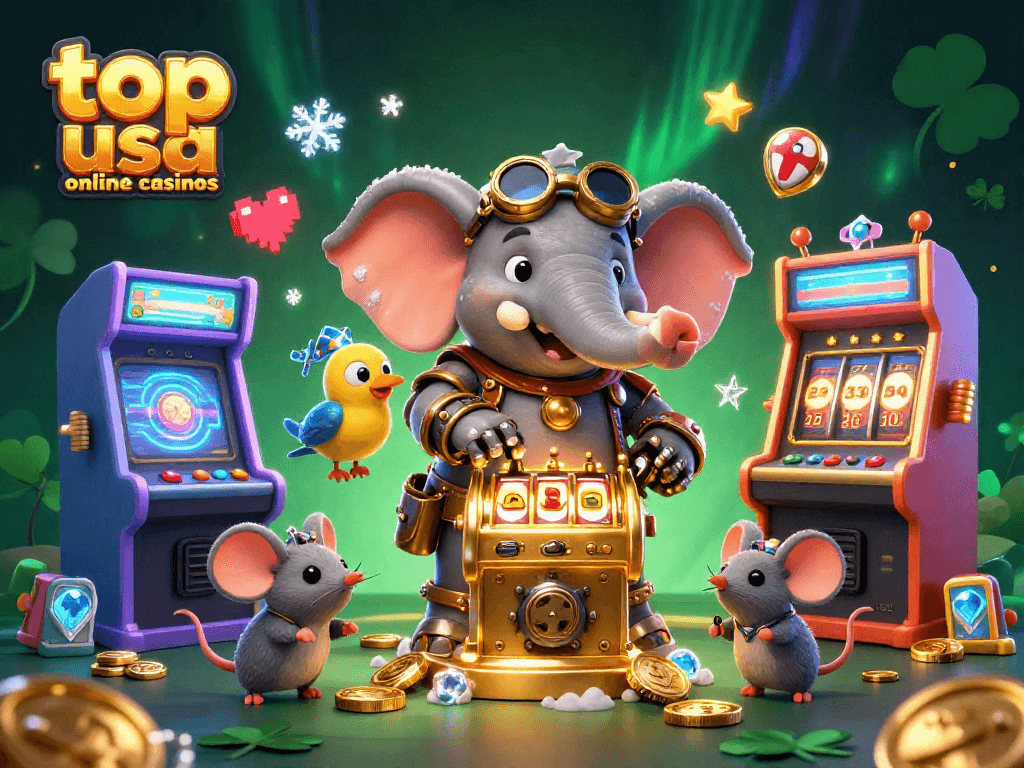 Experience the excitement at top usa online casinos with a steampunk elephant and vibrant gaming elements.