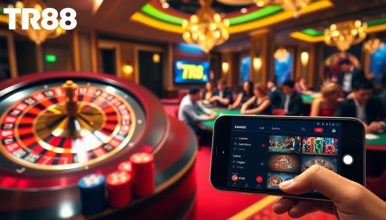 Engage in thrilling gameplay at TR88 with vibrant casino visuals, roulette wheel, and poker action.