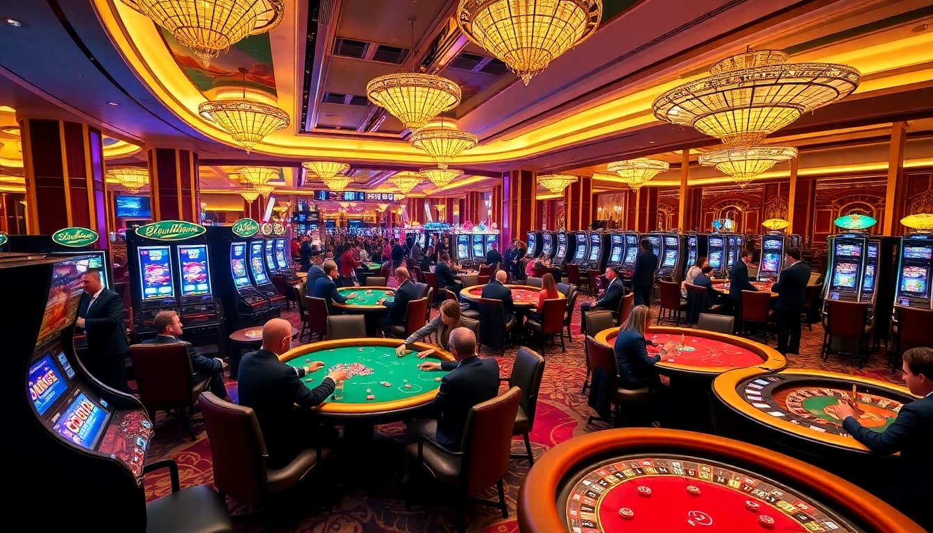 Players enjoying a vibrant casino experience at TV88 with poker, blackjack, and roulette tables.