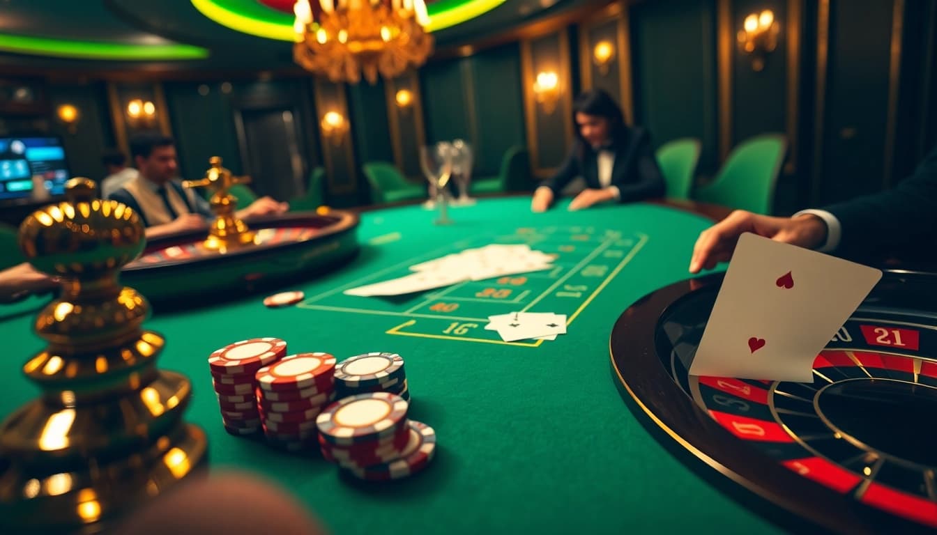 Engaging poker table action on luck8 com, showcasing vibrant chips, cards, and roulette wheel.