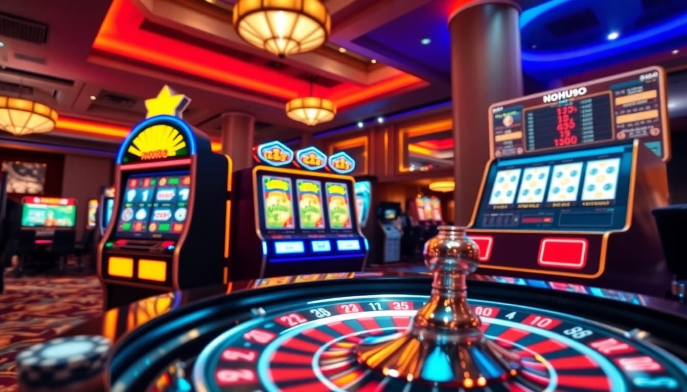 Experience the thrill of NOHU90 with an exciting casino scene featuring vibrant slot machines and active roulette players.