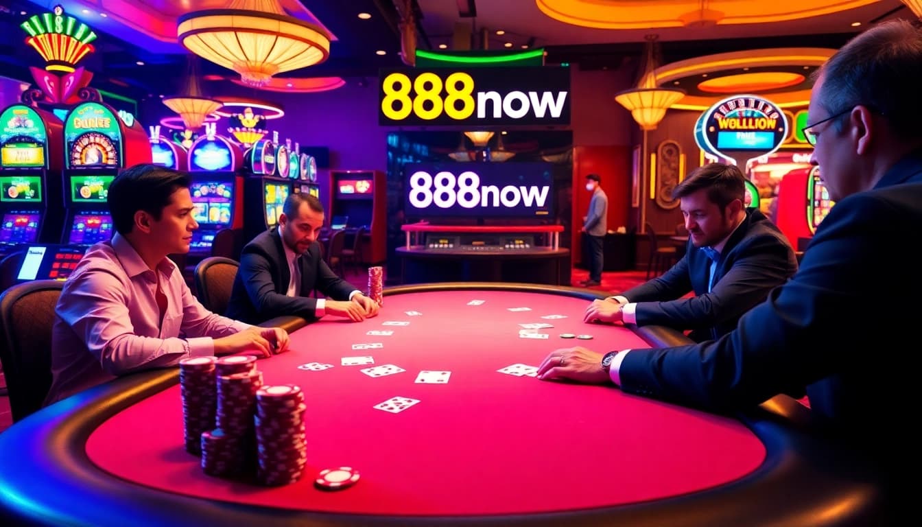 Players enjoying poker at a casino table showcasing 888now excitement and strategy.