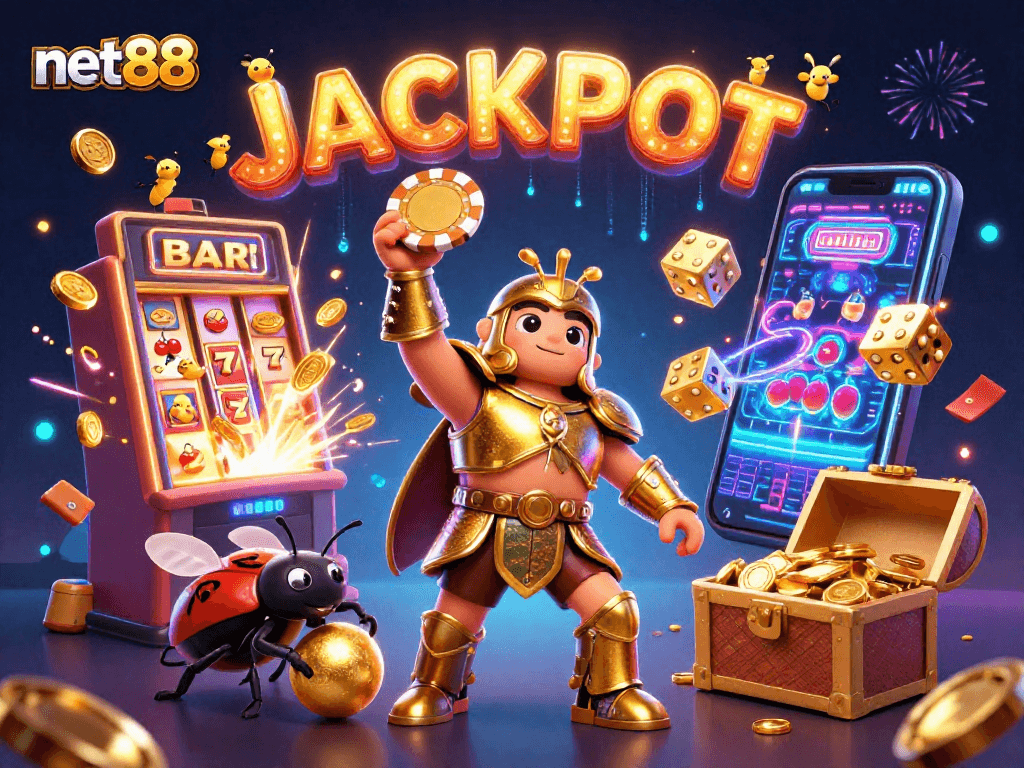 Engage with net88's vibrant casino action as heroic beetles celebrate a jackpot explosion.