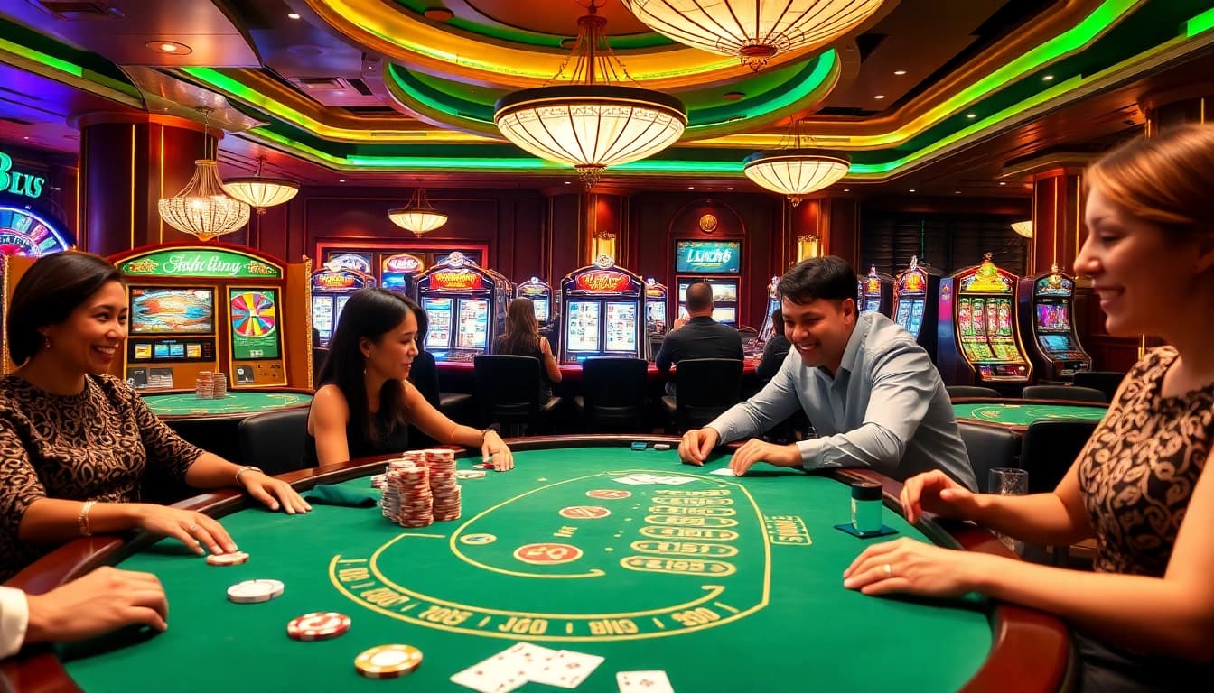 Engage in high-stakes games at luck8 casino, featuring colorful chips and poker tables in a luxurious setting.