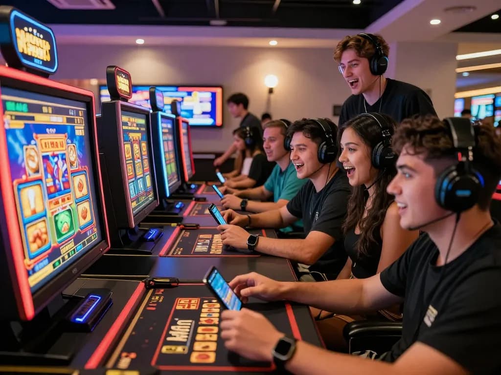 Group of players enjoying gem88 online casino games in a vibrant gaming lounge.
