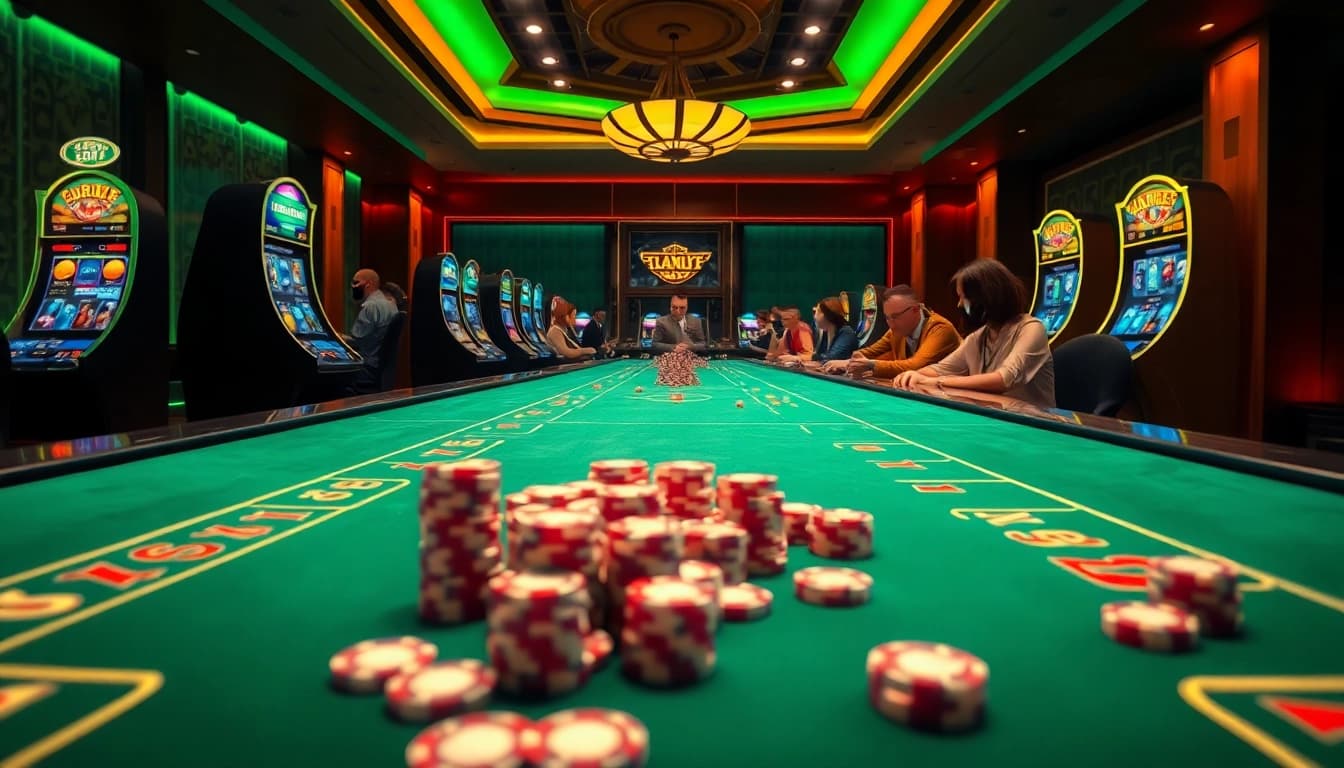 Exciting gameplay at Cổng Game GO88 featuring colorful slot machines and vibrant poker tables.