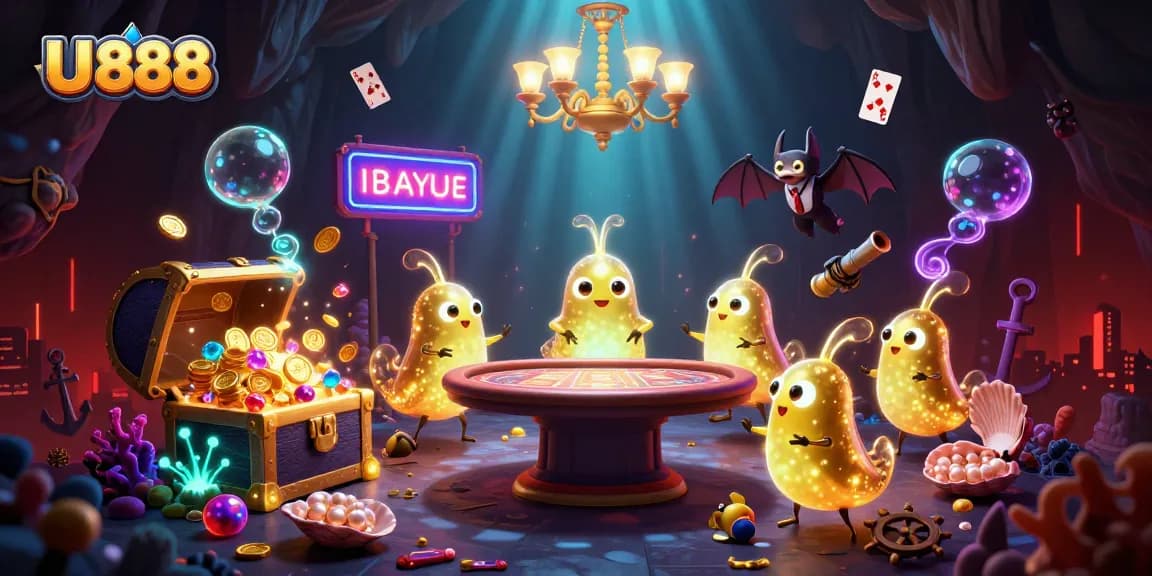 Experience U 888 with glowing glowworms in a vibrant cave casino scene enriched with treasures.