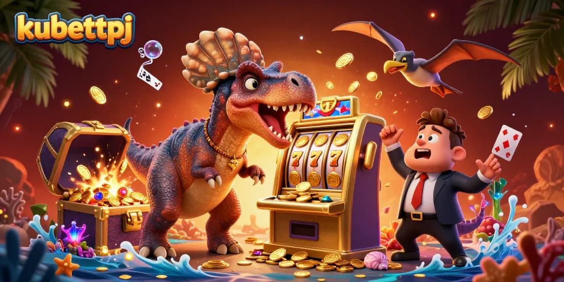 Engage with kubettpj by headbutting slot machines for jackpot wins amidst colorful casino elements.