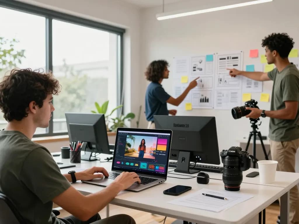 Seedance 2.0 video production team collaborating in a modern workspace.