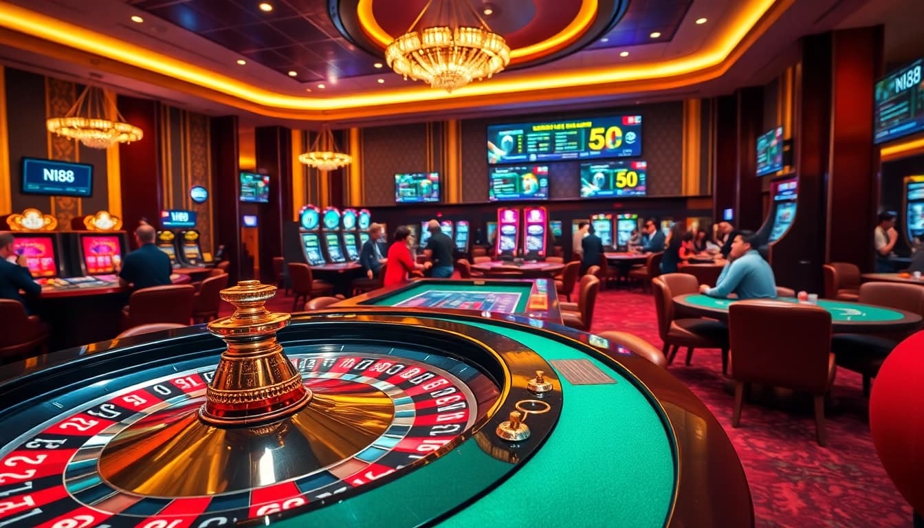 Experience the thrill of n188 at a vibrant casino with roulette tables and excited players.