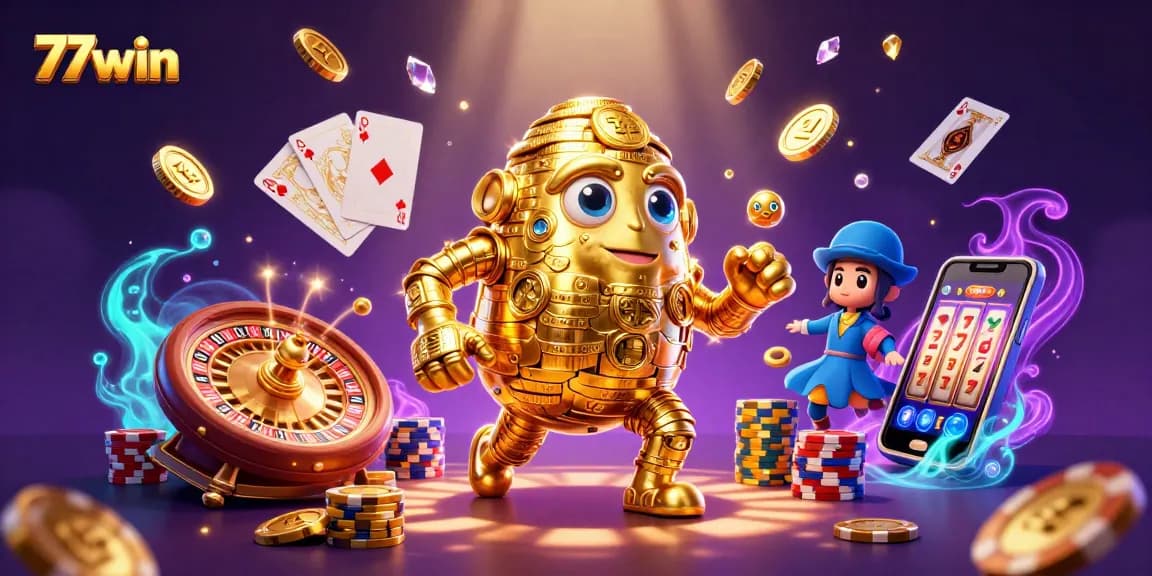 Experience thrilling games at 77win with a golden golem surrounded by dazzling casino elements.