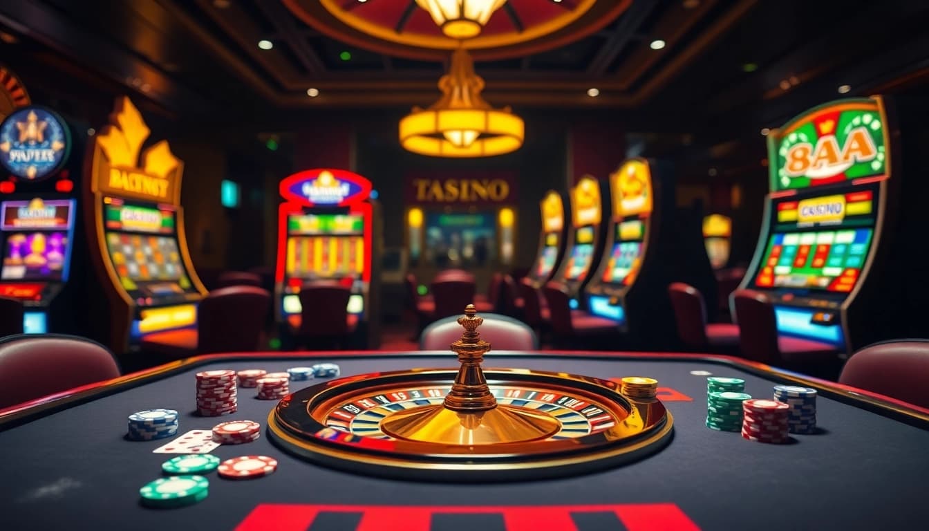 A dynamic casino table showcasing 88AA poker chips and cards in an exciting gaming environment.