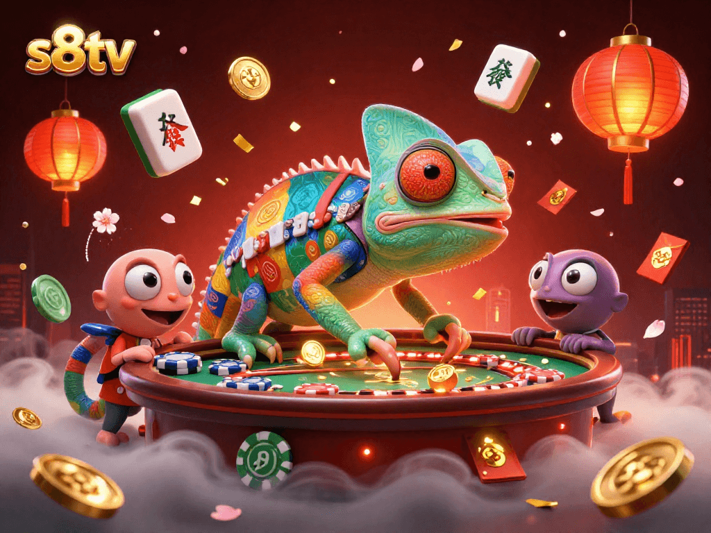 s8tv showcases a vibrant casino scene with a chameleon owner and dynamic gaming elements