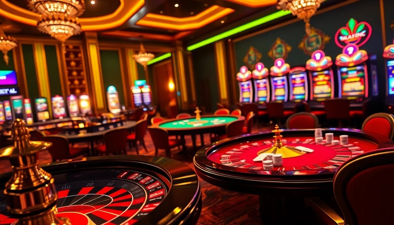 Experience the thrill of gambling at Trang Chủ OK8386 with a vibrant casino scene featuring roulette, poker, and slots.