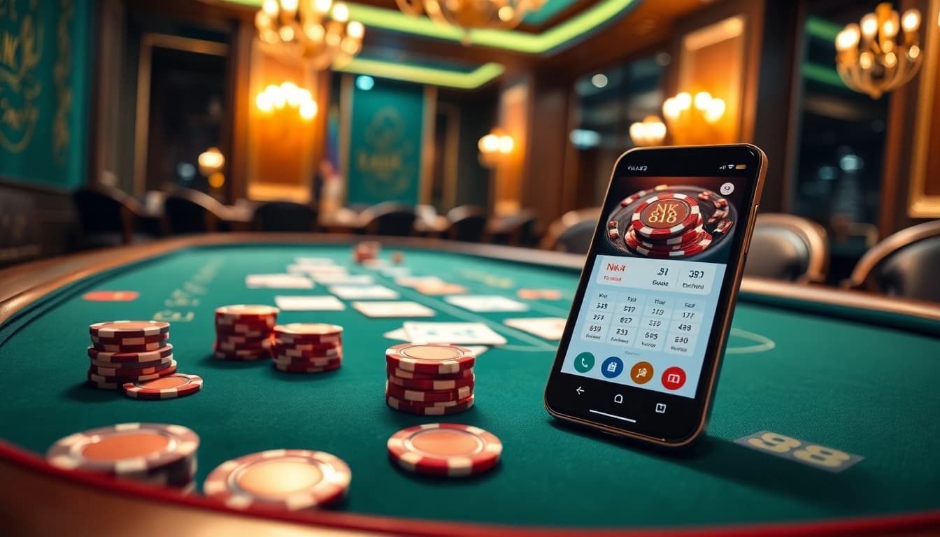 Experience thrilling gameplay with nk 88 at a luxurious poker table set in an elegant casino.