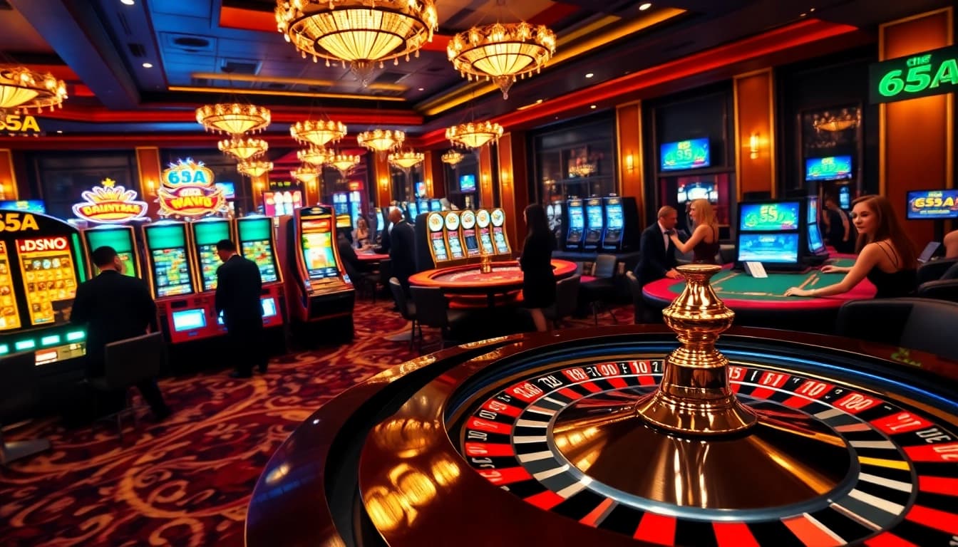 Excited gamblers engage at the lavish 65A casino with roulette wheels and flashing slot machines.