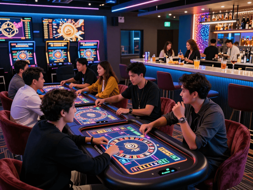 Exciting crypto casino scene with diverse players at electronic roulette tables, showcasing modern gaming technology.