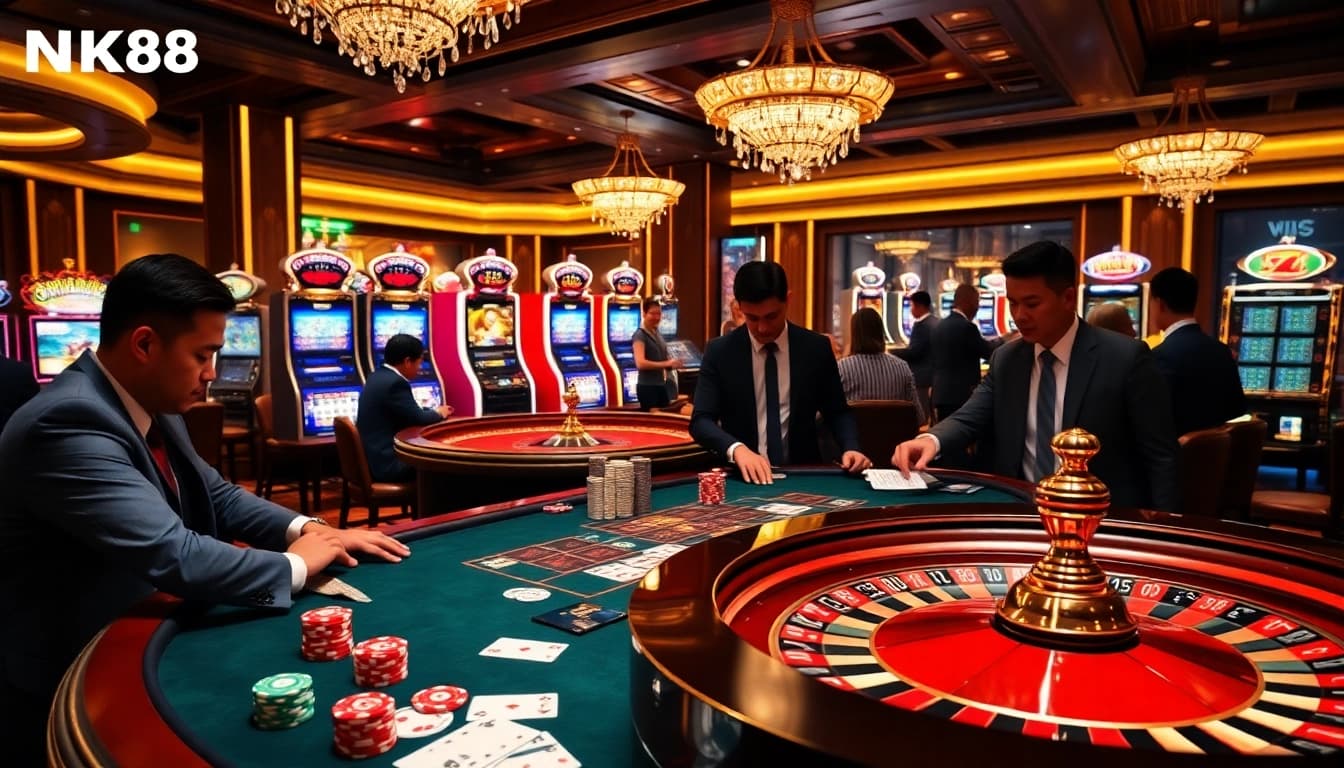 Dynamic casino scene showcasing nhà cái nk88 with poker chips, cards, and illuminated slot machines.