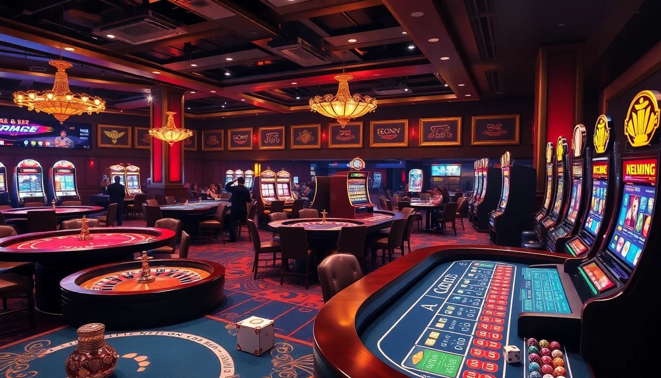 Engaging scene of poker players, roulette wheels, and keonhacai betting interfaces in a luxury casino.