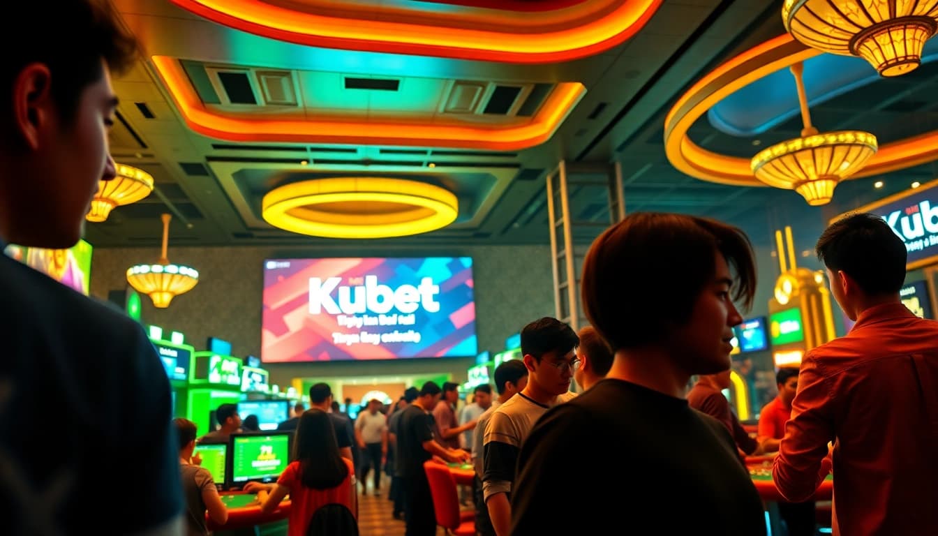 Vibrant casino scene highlighting Khuyến Mãi Kubet88 – Ưu Đãi Vàng Dành Riêng Cho Thành Viên with digital displays and diverse players.