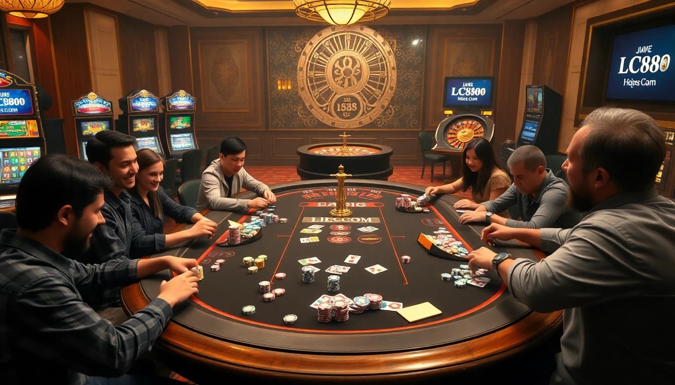 Gambling excitement at LC88 COM with colorful chips and cards on a luxurious casino table.