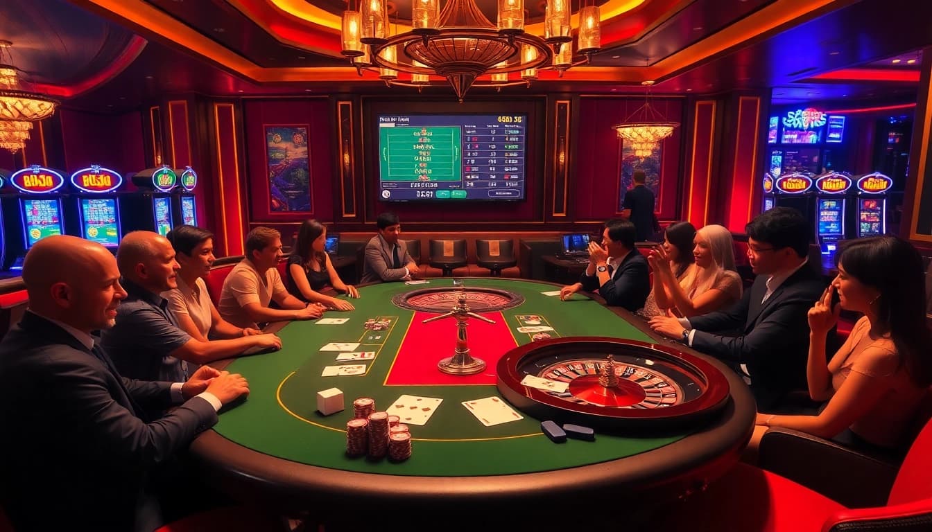 Engaged players at a poker table in a luxurious casino setting, showcasing excitement at http://888bs.in.net/.