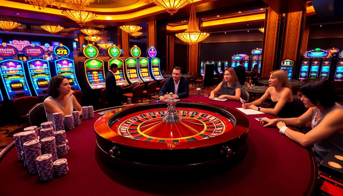 Engaging players at a roulette table at https://mubet.me/, showcasing excitement in a vibrant casino.