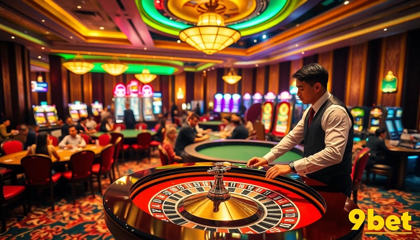 Experience the excitement of 9bet casino with players at lively tables and vibrant slot machines.