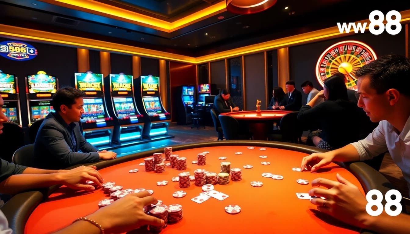 Experience the thrill of winning at ww88 with vibrant casino visuals showcasing poker and slots.