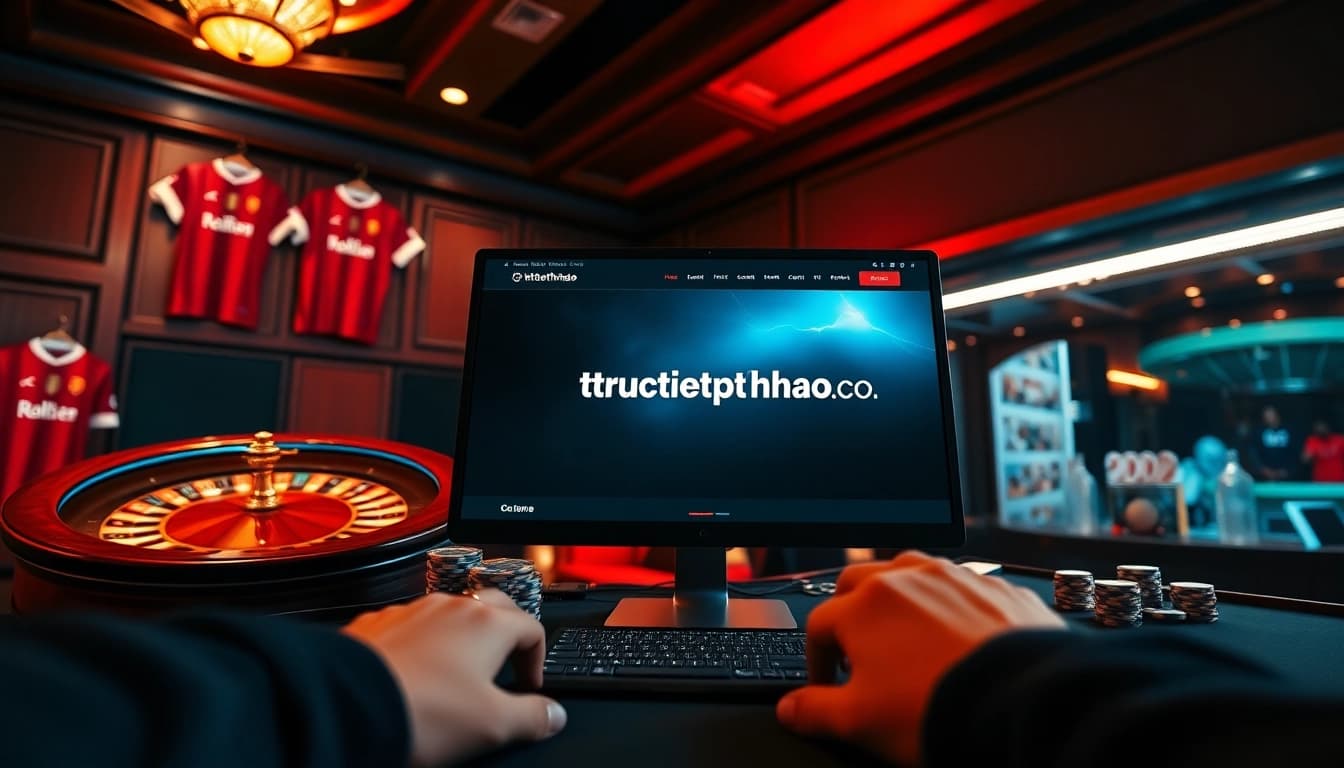Engaging scene of online sports betting at https://tructiepthethao.co/ with poker chips and a roulette wheel.