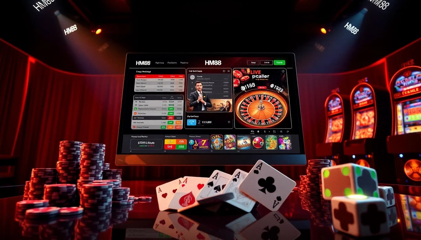 Engage with HM88's advanced live dealer casino and dynamic sports betting dashboard featuring vibrant chip stacks