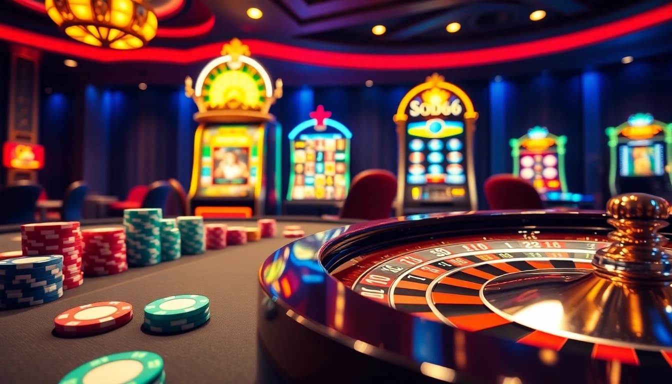 Thrilling gameplay scene featuring SODO66 casino elements such as roulette and poker chips.
