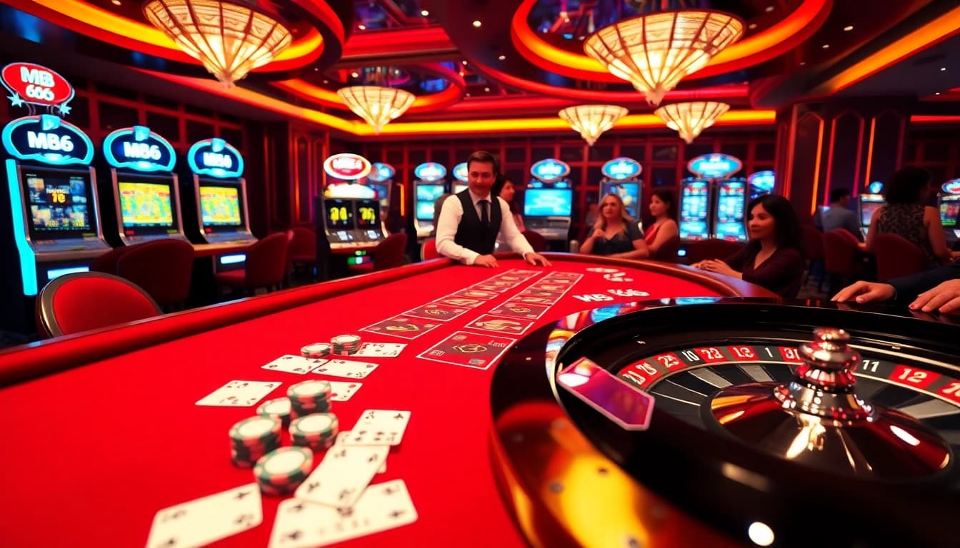 Players enjoying a thrilling game at the MB66 casino table, immersed in excitement and luxury.