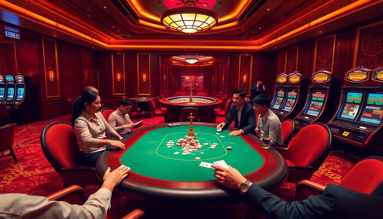 Experience the thrill of winning at https://bem88.com with an elegant casino setting filled with poker and slot games.