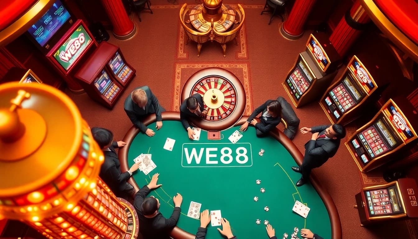 Excited players enjoying games at WE88 casino, featuring vibrant slot machines and a roulette wheel.